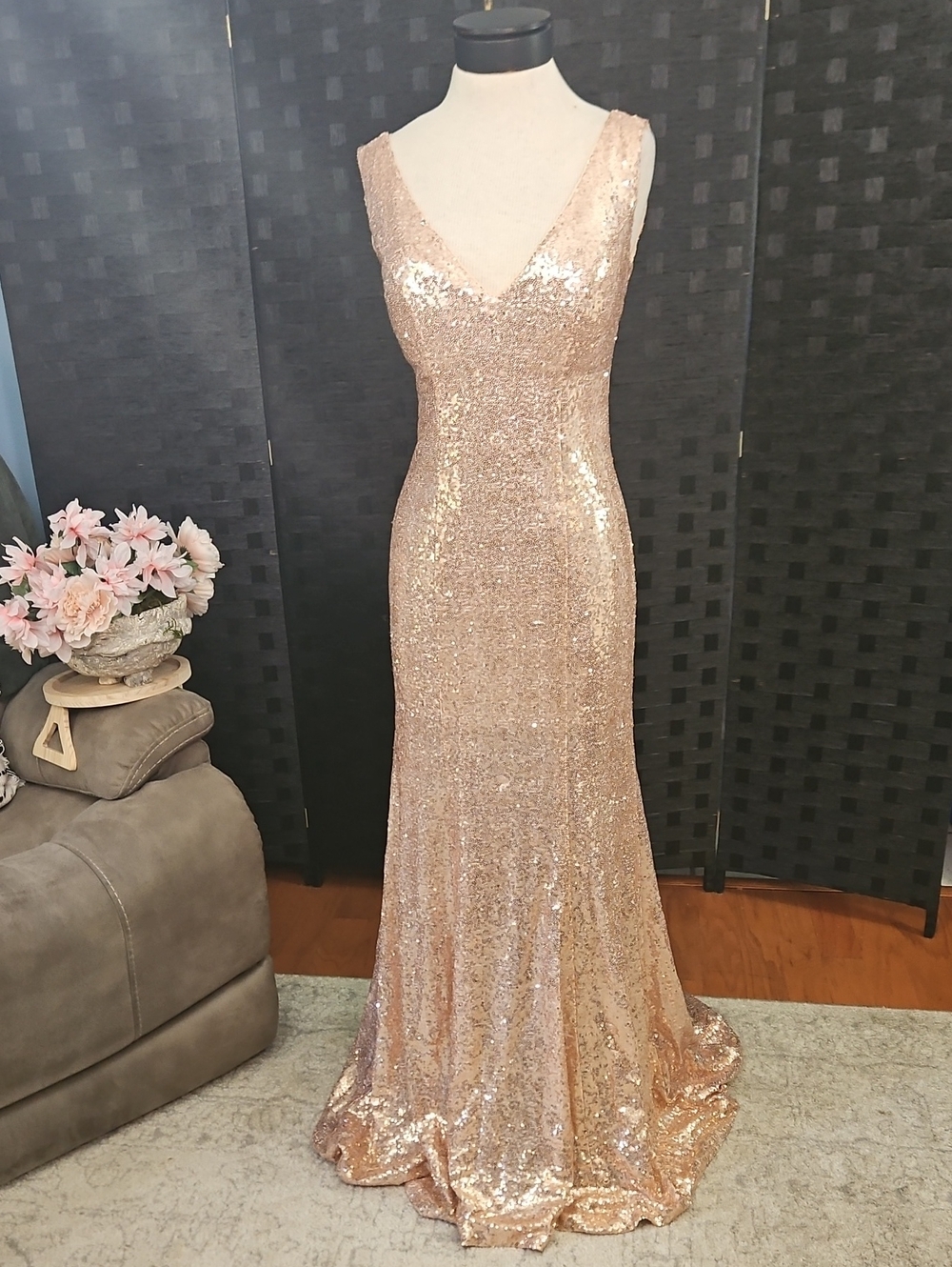 Rose Gold Sequin V-Neck Lace Up Back Evening Gown Size Small